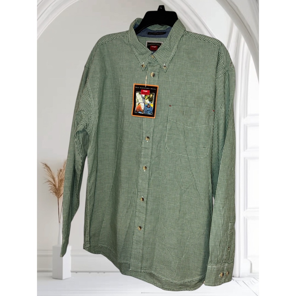 Wrangler HERO Men's Green Gingham Button Down Shirt‎ Long Sleeve Size L New
